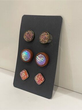 Set of 3 Mermaid and Druzy Style Handmade Stud Earring Pairs - E2